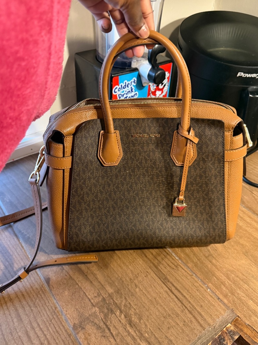 MICHAEL KORS MERCER BELTED SIGNATURE MK LOGO SATCHEL